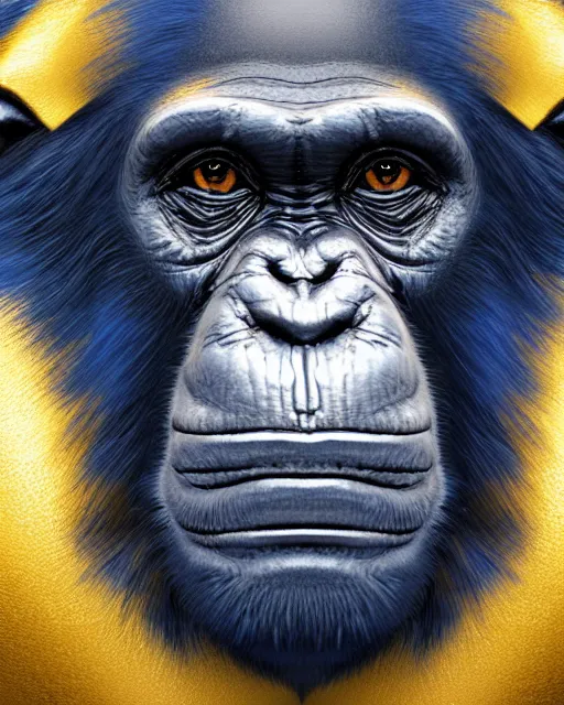Image similar to gold, blue, illustration of a chimpanzee, 3 d, 8 k, extremely detailed, artstation