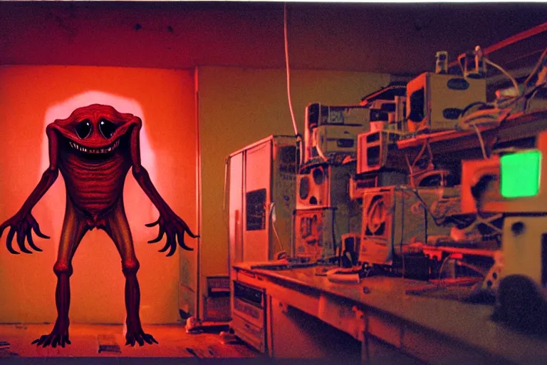 Image similar to a scary filmic wide shot color ground level angle movie still 35mm film photograph of the full body of a dangerous shape shifting alien creature, with multiple mutated snarling drooling human faces with a grotesque variety of human and animal limbs protruding from its lower torso inside of a 1970s science lab, neon lights, dirty, ektachrome photograph, volumetric lighting, f8 aperture, cinematic Eastman 5384 film