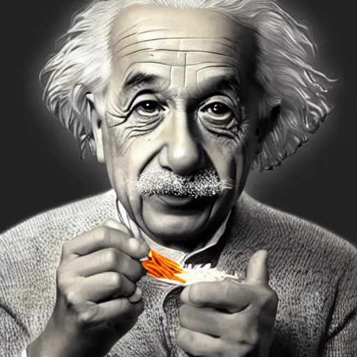 Prompt: Albert Einstein putting noodles in his mouth with chopsticks, hyperdetails, displacement mapped octane render, luscious patty with sesame seeds, ethereal, handsome, elegant, highly detailed, digital painting, artstation, concept art, matte, sharp focus, illustration, art by Artgerm and Greg Rutkowski and Alphonse Mucha