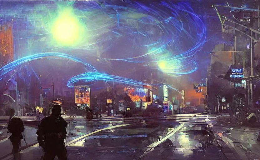 Image similar to people with posters attacking cops, a huge blue spiral - shaped white luminous attractor is floating on the horizon near the sun, stores in los angeles with light screens all over the street, concept art, art for the game, professional lighting, dark night lighting from streetlights, by ilya repin