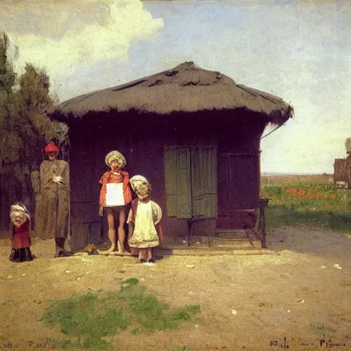 Image similar to A family in front of their Simple house, by Ilya Repin, vintage shading