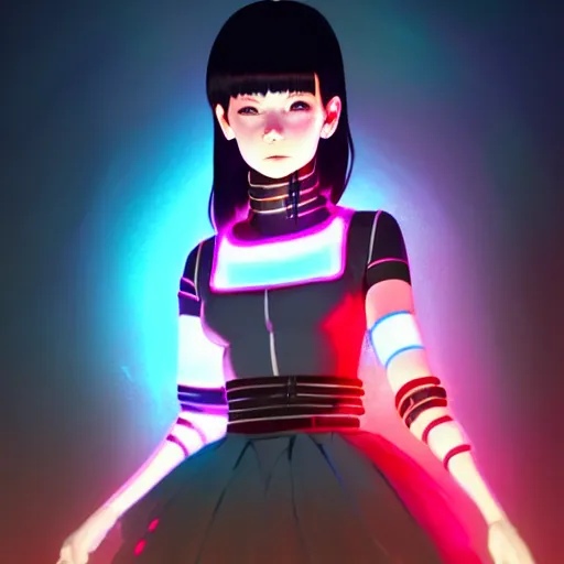 Image similar to a beautiful! bjork model, wearing futuristic cyber leather with articulate! glowing colored led lights, jrpg aztec street fashion, gapmoe yandere grimdark, trending on pixiv fanbox, painted by greg rutkowski makoto shinkai takashi takeuchi studio ghibli, akihiko yoshida