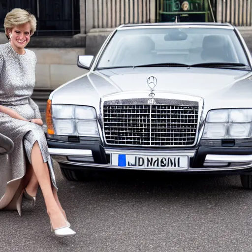 Prompt: award winning photograph of Princess Diana next to a silver Mercedes-Benz W140, Nikon D810, Sigma 35mm ƒ/2.5, award-winning, beautiful, photorealistic, detailed,