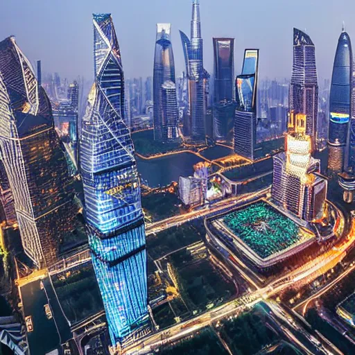 Prompt: Cityscape of Shanghai just before the technological singularity