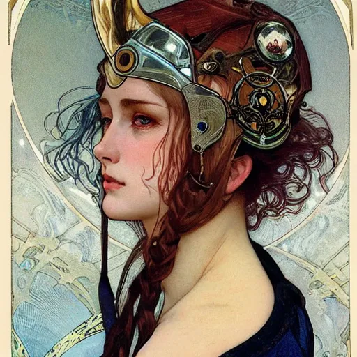 Prompt: realistic detailed face portrait of female ice hockey player with high tech helmet and blonde hair by Alphonse Mucha, Ayami Kojima, Amano, Charlie Bowater, Karol Bak, Greg Hildebrandt, Jean Delville, and Mark Brooks, Art Nouveau, Neo-Gothic, gothic, rich deep moody colors