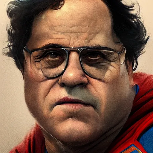 Prompt: portrait of a danny devito as superman by greg rutkowski, highly detailed portrait, digital painting, artstation, concept art, smooth, sharp foccus ilustration, artstation hq