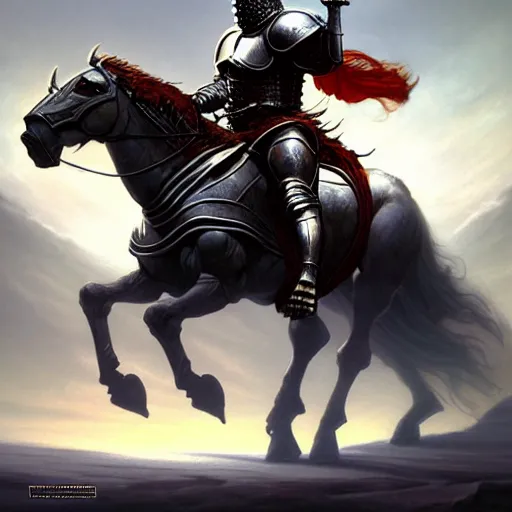 Prompt: a knight in armor on a thick strong warhorse by mike allred and frazetta and karol bak sharp digital painting. dreaming latent space. matte painting, concept art. artstation. digital render. realistic, 8 k