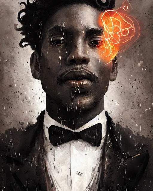 Image similar to a highly detailed portrait of black male magician radiating a powerful energy aura, ornate back tuxedo, wispy tendrils of smoke, intricate, digital painting, old english, raining, sepia, particles floating, whimsical background by marc simonetti, artwork by liam wong