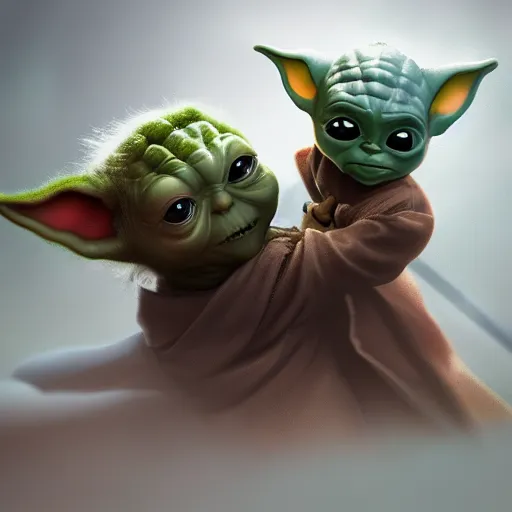 Image similar to Baby Yoda is fighting Thanos, hyperdetailed, artstation, cgsociety, 8k