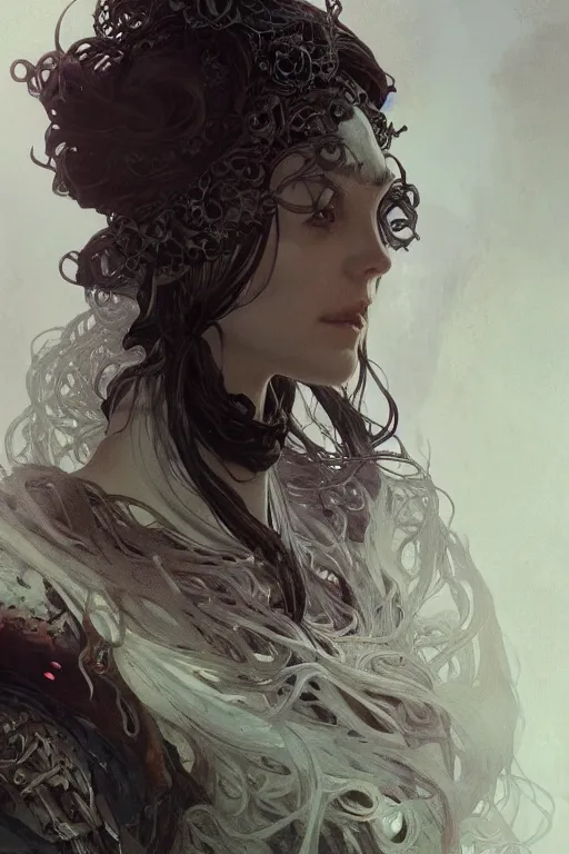 Image similar to A full portrait of a beautiful terrible dystopian boneyard nordic necromancer sorcerer enchanter, intricate, elegant, highly detailed, digital painting, artstation, concept art, smooth, sharp focus, illustration, art by Krenz Cushart and Artem Demura and alphonse mucha