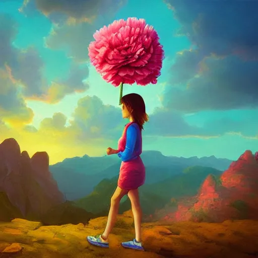 Image similar to giant carnation flower as a head, girl hiking in a canyon, surreal photography, sunrise, dramatic light, impressionist painting, colorful clouds, digital painting, artstation, simon stalenhag