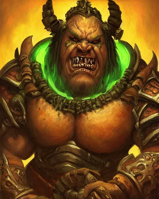 Prompt: a renaissance style portrait painting of a world of warcraft orc, garrosh hellscream, holding green fire. top left warm lighting