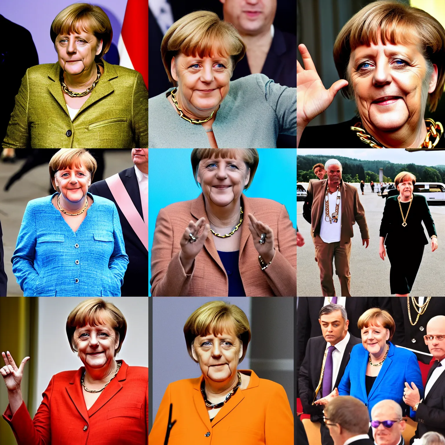 Prompt: merkel wearing gold chain and throwin gang signs