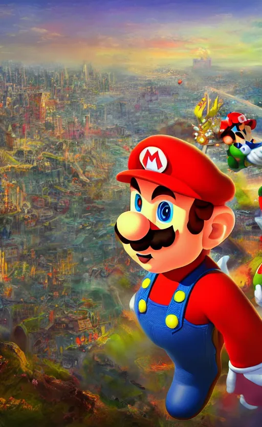 Prompt: a painting of mario, a city in the background, ultra detailed, high fantasy, 4 k, trending on artstation, cinematic, concept design