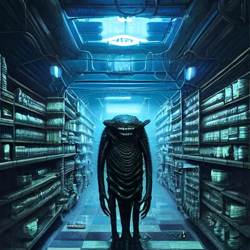 Image similar to menacing aggressive fast engineered black slimy creature made out of needles, inside a gas station, aggressive harsh bright fluorescent industrial blue lighting, extremely detailed digital matte painting buy Greg Rutkowski and H.R. Giger