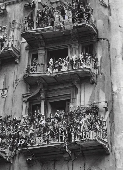 Prompt: masked crowd climbing balconies in central Rome during Carnival, coherent engraving by Hjalmar Moerner, , cinematic full shot, high res, 35mm film black and white photograph, 1812