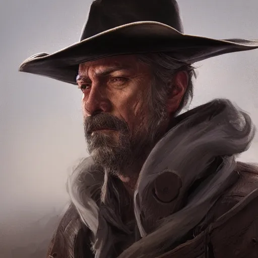 Prompt: portrait of a man with a long duster, grey hair and a cowboy hat, harsh good looking face, drawn by ruan jia, disco elysium style, fantasy art, dramatic lighting, digital art, 8 k, highly detailed