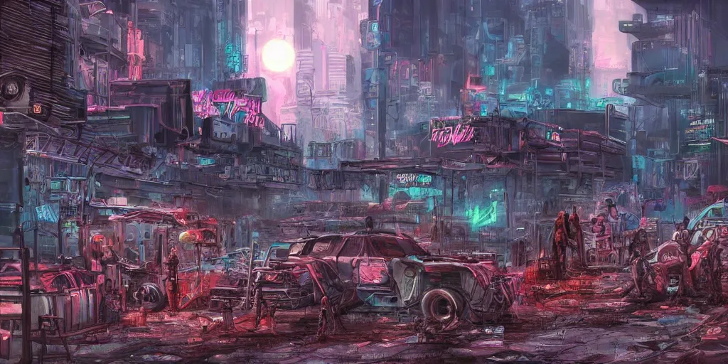 Image similar to digital art, trending on artstation, a post apocalyptic world ruled by rusty machines under a full moon in a gigantic city full of neon lights and machines acting like humans, these being the vast majority of the population.