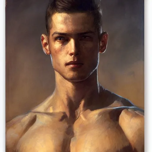 Prompt: handsome portrait of a young guy fitness posing, war hero, toned, radiant light, caustics, by gaston bussiere, bayard wu, greg rutkowski, giger, maxim verehin, alex grey,