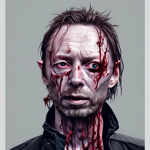 Image similar to thom yorke as a zombie, 7 days to die zombie, fine art, award winning, intricate, elegant, sharp focus, cinematic lighting, digital painting, 8 k concept art, art by z. w. gu, art by brom, art by michael hussar, 8 k