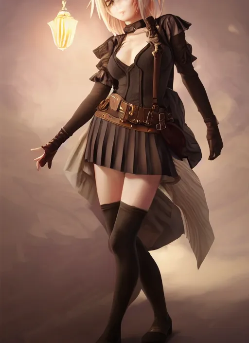 Image similar to portrait of a full body of beautiful young female detective, d & d, sleeveless turtleneck, pleated skirt, fantasy, flat lighting, intricate, highly detailed, digital painting, artstation, concept art, smooth, sharp focus, illustration, misa amane, art by simon bisley and greg rutkowski and alphonse mucha, natural tpose