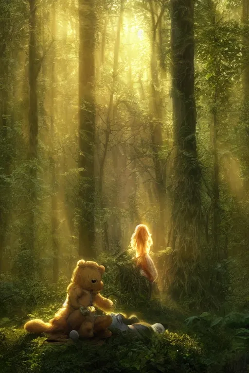 Image similar to mean fluffy teddybear protecting girl in a forest with rays of light coming through the canopy, masterpiece, dystopian, sci-fi, extremely detailed, digital painting, sculpted in zbrush, artstation, concept art, smooth, sharp focus, illustration, chiaroscuro lighting, golden ratio, incredible art, artgerm, greg rutkowski, alphonse mucha, simon stalenhag, carravaggio