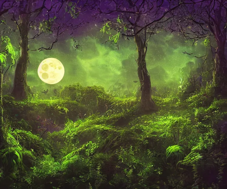 Image similar to a lush dense green forest, colorful glowing vines, wildlife, moon shining, soft tones, night time, highly detailed, 50mm, high fantasy