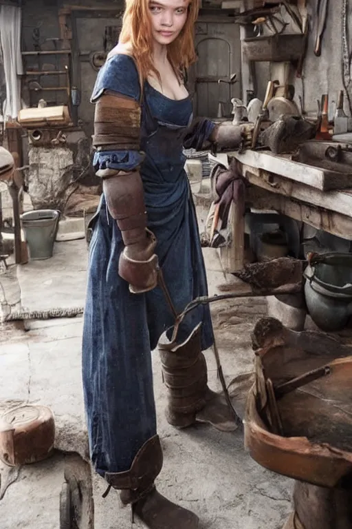 Prompt: female blacksmith, very burly. strawberry - blonde hair, many freckles. face resembles natalia vodianova, but body is burly, broad - shouldered, thick limbed, like a blacksmith.