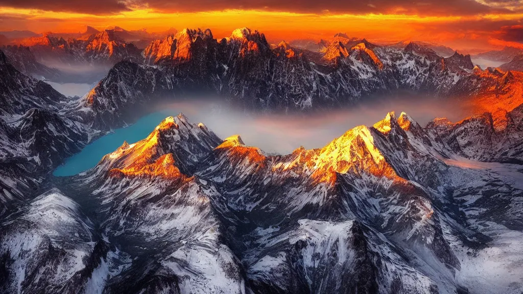 Image similar to amazing landscape photo of mountains with lake in sunset by marc adamus, beautiful dramatic lighting