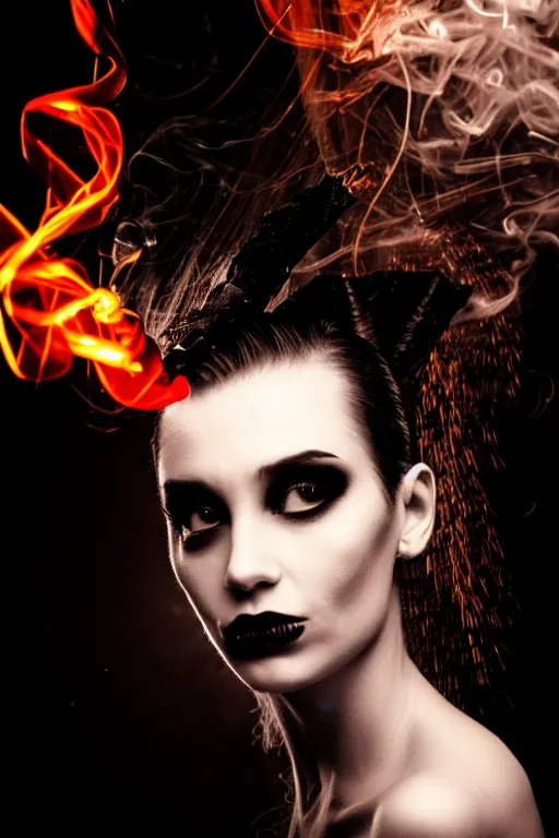 Image similar to a smoking witch, closeup, filled background around face fantasy, magic, undercut hairstyle, dark light night, intricate, elegant