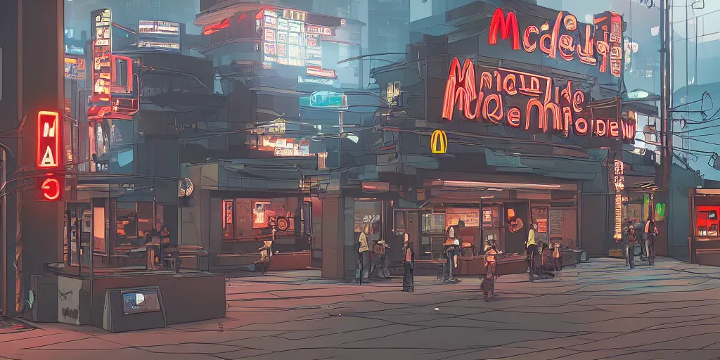 Image similar to a lone cyberpunk mcdonalds by kirokaze