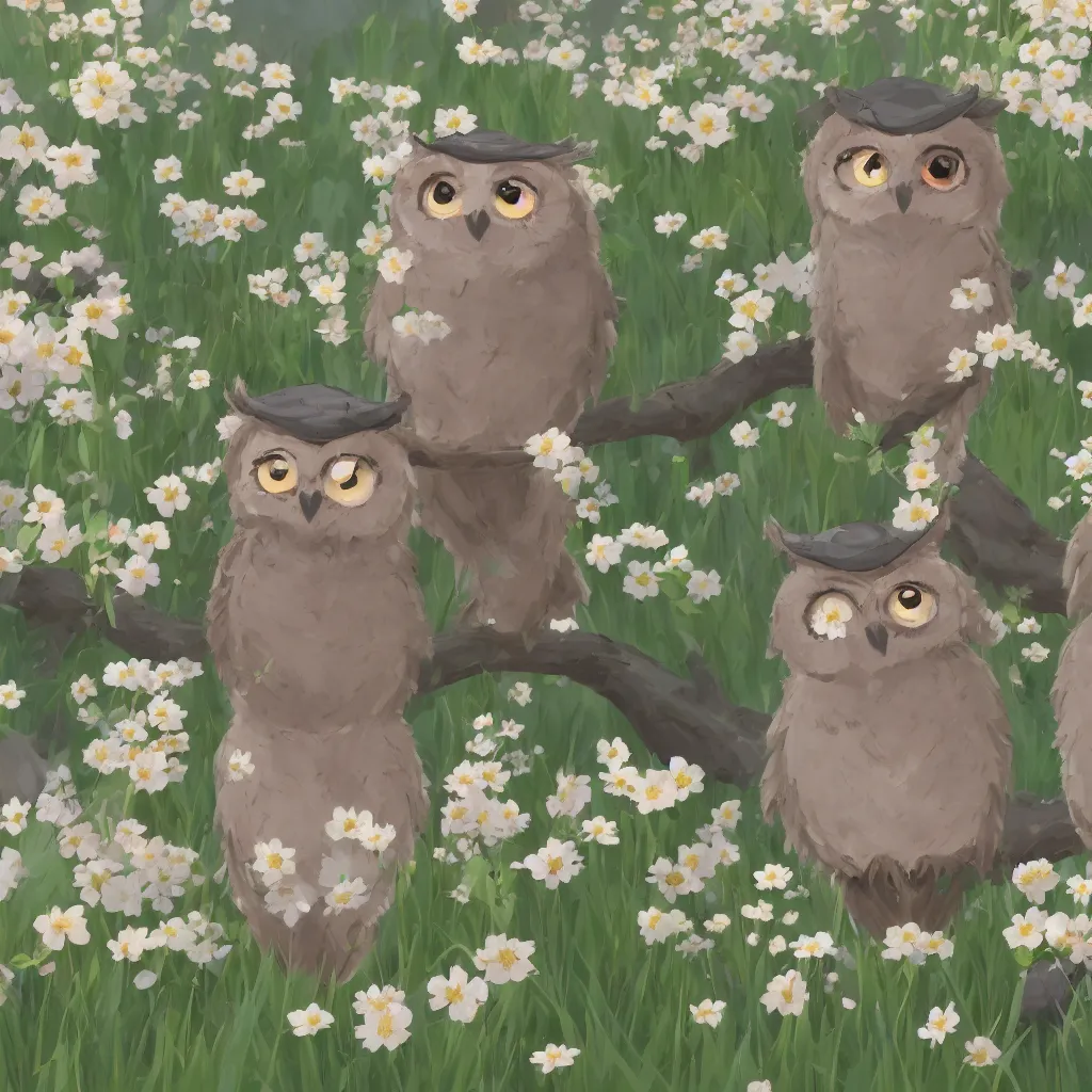 Image similar to film still of happy content cute owls wearing flowers and hats, in a field of delicate dainty blossoms, makoto shinkai, cinematic lighting, volumetric lighting, sunny, highly detailed, hand drawn, intricate, illuminated, 8k