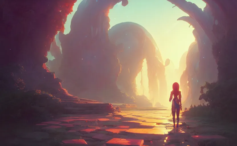 Image similar to portal to another world, painting by unreal engine, greg rutkowski, loish, rhads, beeple, makoto shinkai and lois van baarle, ilya kuvshinov, rossdraws, tom bagshaw, alphonse mucha, global illumination, detailed and intricate environment