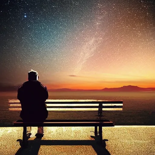 Prompt: a man sitting on a bench at nigh, stunning digital art