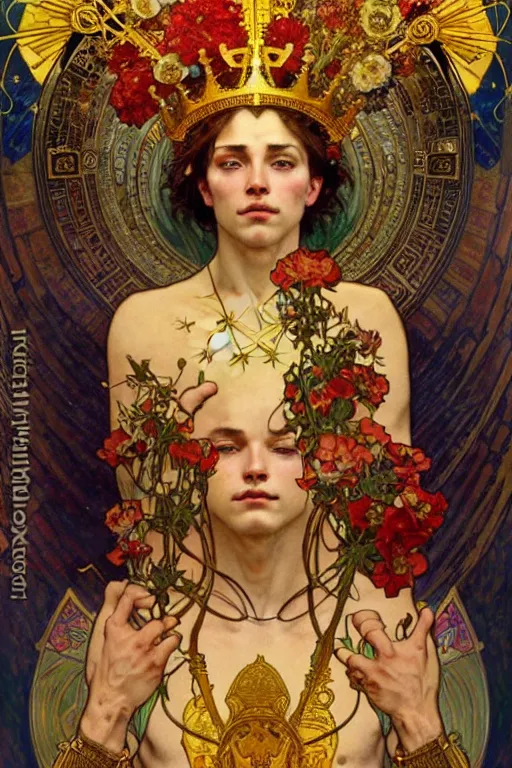 Image similar to a god wearing clothes and golden crown, holding a star, muscular, flowers, amazing, tarot art, painting by greg rutkowski, alphonse mucha, gustav klimt