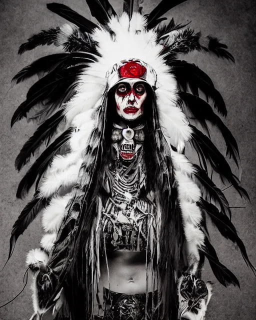 Image similar to lady native sisters ghost - spirit of the grim - warpaint wears the scarlet skull armor and native blood headdress feathers, midnight fog - mist!, cinematic lighting, various refining methods, micro macro autofocus, ultra definition, award winning photo, photograph by ghostwave - gammell - giger - shadowlord