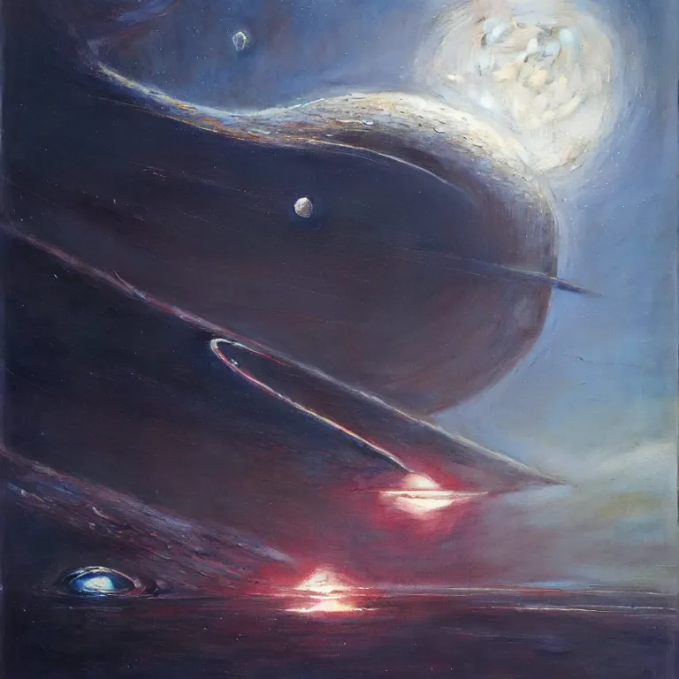 Prompt: photorealistic painting of an abstract spaceship near the moon, by greg rutkowski and zdzisław beksinski, oil on canvas, intricate details, scifi, epic, cinematic, hd