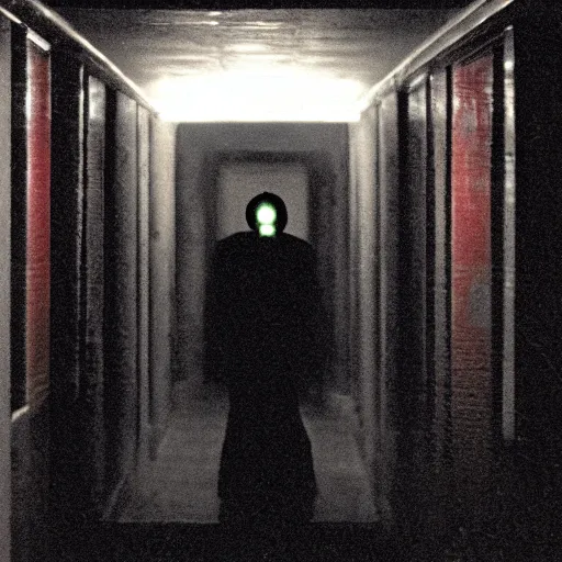 Prompt: photograph of an extremely dark narrow hallway with glowing humanoid monster made out of tv static, dark deep black shadows, red and black color contrast in the style of trevor henderson