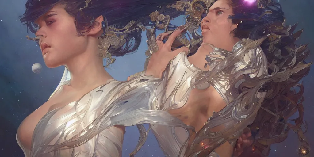 Image similar to epic portrait an space star goddess, intricate, full frontal shot, highly detailed, digital painting, artstation, concept art, sharp focus, illustration, art by artgerm and greg rutkowski and alphonse mucha