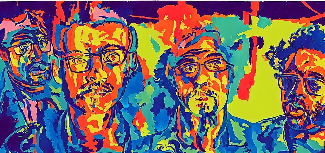 Image similar to Sam Hyde sparring with Joe Rogan but they are lost in a David Lynch movie, Mike Judge art style, 90's mtv illustration, surrealism, clean linework, vivid complementary colors