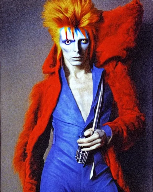 Prompt: david bowie as ziggy stardust by jean auguste dominique ingres, labyrinthine, sacred, mystical