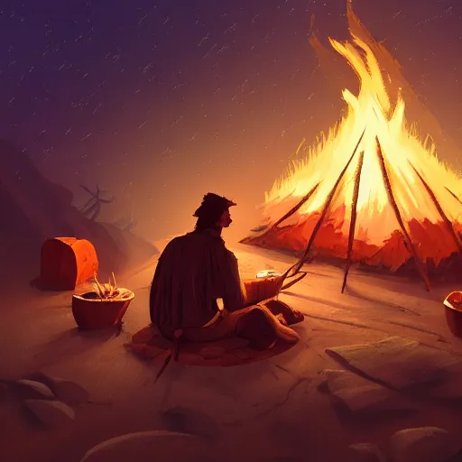 Prompt: Nomadic trader, sitting by a campfire, night, digital art, 4k