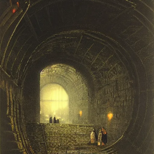 Prompt: a staircase going into a tunnel with a rave happening at the bottom of the tunnel by john atkinson grimshaw