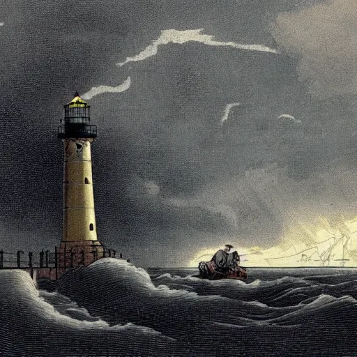 Image similar to 19th century storybook illustration of a yellow victorian lighthouse on a rocky island, dark stormy clouds