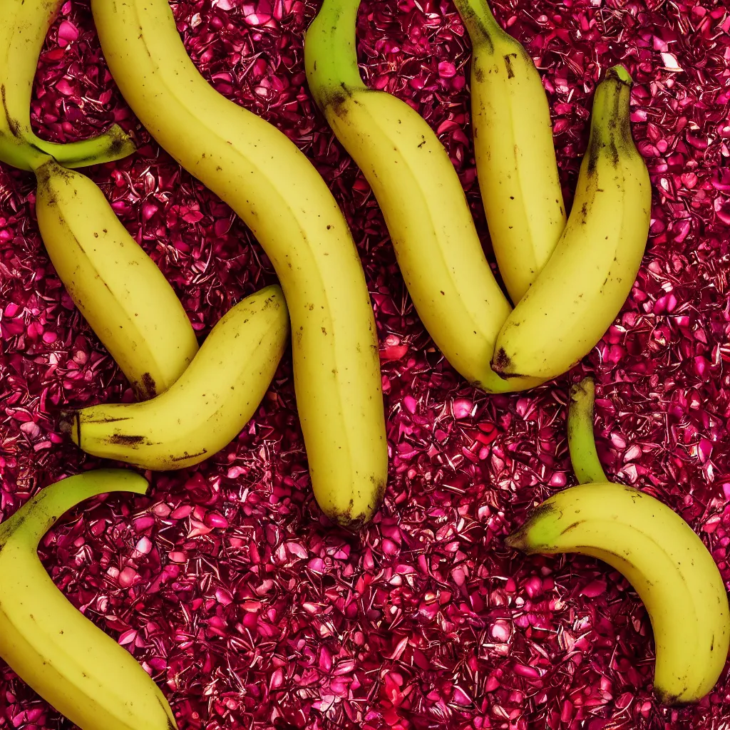 Image similar to high fashion haute couture spiked bananas, and form a complex fractal, cracked, vegetable foliage, with red petals and shiny stems, mesh roots, hyper real, food photography, high quality