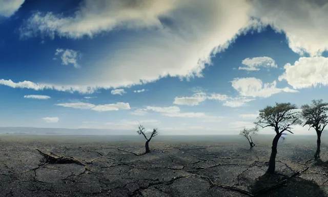 Prompt: beautiful panorama of many magnificent big upside-down raindrops in a perfect cloudless blue sky above a dried up river, desolate land, dead trees, blue sky, hot and sunny highly-detailed, elegant, dramatic lighting, artstation, 4k, cinematic landscape, masterpiece photograph by Elisabeth Gadd, Zdzislaw Beksinski, National Geographic