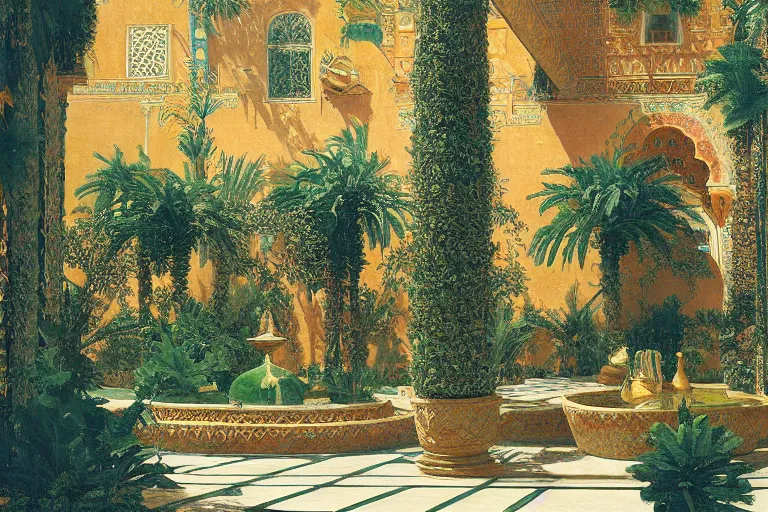 Prompt: painting of a beautiful moorish palace courtyard garden, by rudolf ernst and maxfield parrish and arkady rylov, patterned tilework, palm trees, tiled fountains, extremely detailed, cinematic lighting, smooth sharp focus