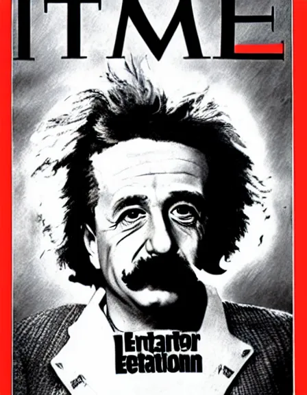 Prompt: cover of TIME magazine with the detonation of an atom bomb and the portrait of Albert Einstein