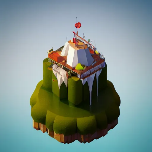 Image similar to a floating island on an ocean isometric art, low poly art, game art, artstation, 3D render, cgsociety, octane render