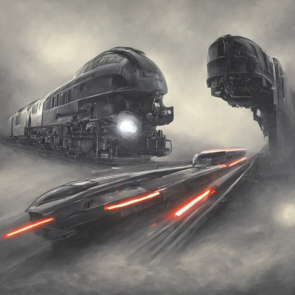 Image similar to highly detailed painting of powerful futuristic streamline train speeding very fast. romanticism. extreme speed with headlight beam shining brightly into the fog and rain. dramatic lighting. motion streaks.. vanishing point. photorealistic.